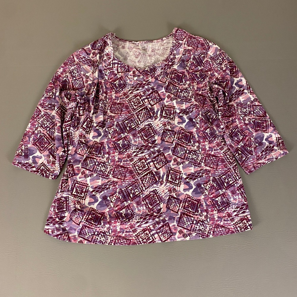 Bobbie Brooks Blouse Top Size 1X Purple Geometric 3/4 Sleeve‎ Cotton Blend